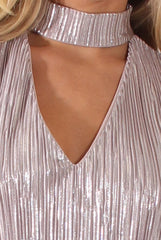 Grey Metallic Shimmer Pleated High Neck Cut Out Crop Top - Polly-Crop Tops