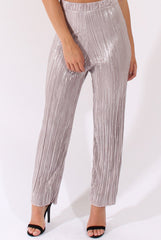 Grey Metallic Shimmer Pleated High Waisted Trousers - Phoebe-Trousers