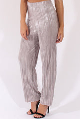 Grey Metallic Shimmer Pleated High Waisted Trousers - Phoebe-Trousers