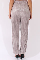 Grey Metallic Shimmer Pleated High Waisted Trousers - Phoebe-Trousers