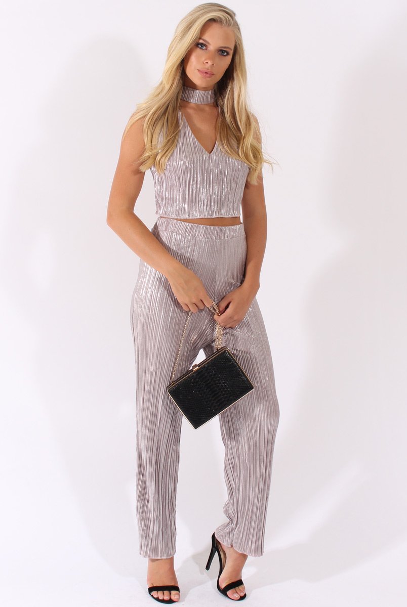Grey Metallic Shimmer Pleated High Waisted Trousers - Phoebe-Trousers