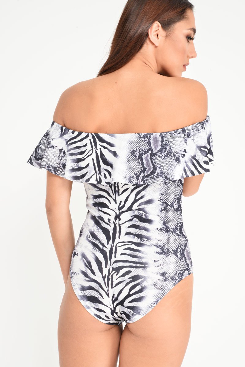 Grey Mixed Animal Print Bardot Bodysuit - Jaye-Bodysuits