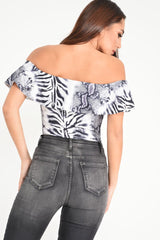 Grey Mixed Animal Print Bardot Bodysuit - Jaye-Bodysuits
