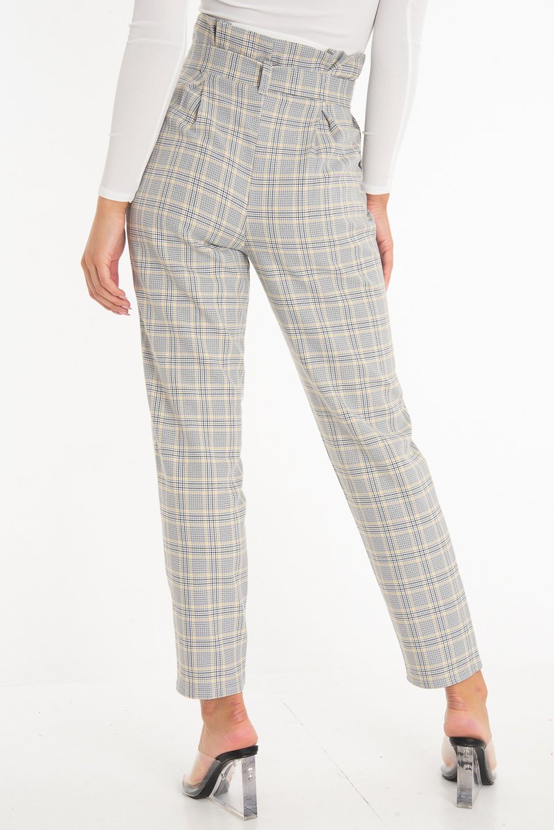 Grey Mustard Check Tie Waist Tapered Trousers - Nikita-Trousers