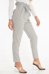 Grey Mustard Check Tie Waist Tapered Trousers - Nikita-Trousers
