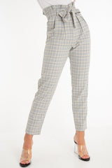 Grey Mustard Check Tie Waist Tapered Trousers - Nikita-Trousers