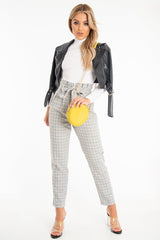 Grey Mustard Check Tie Waist Tapered Trousers - Nikita-Trousers