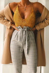 Grey Mustard Check Tie Waist Tapered Trousers - Nikita-Trousers