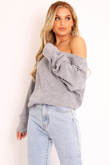 Grey Off Shoulder Knit Jumper - Brithany-Jumper