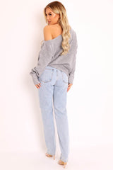 Grey Off Shoulder Knit Jumper - Brithany-Jumper