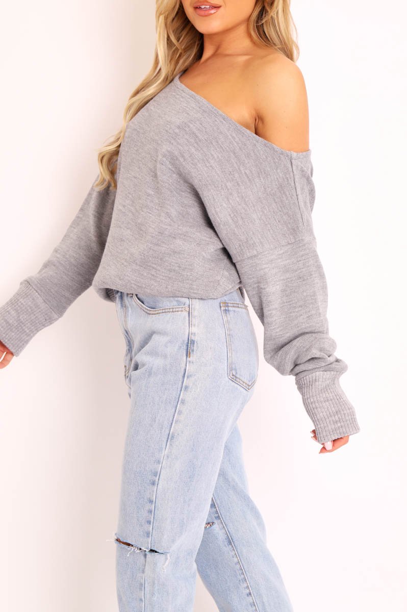 Grey Off Shoulder Knit Jumper - Brithany-Jumper