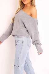 Grey Off Shoulder Knit Jumper - Brithany-Jumper
