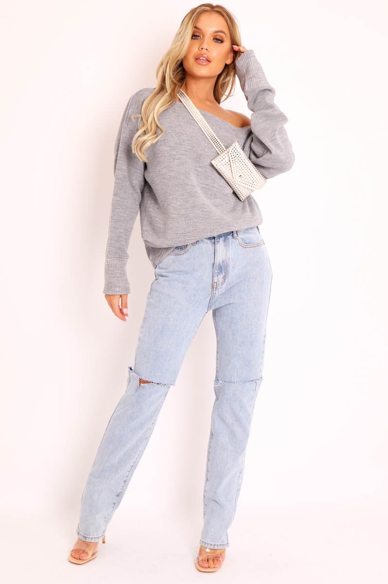 Grey Off Shoulder Knit Jumper - Brithany-Jumper