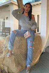 Grey Off Shoulder Knit Jumper - Brithany-Jumper