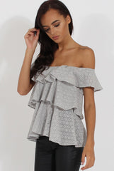 Grey Off the Shoulder Lace Frill Top - Larisa-Tops