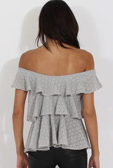 Grey Off the Shoulder Lace Frill Top - Larisa-Tops