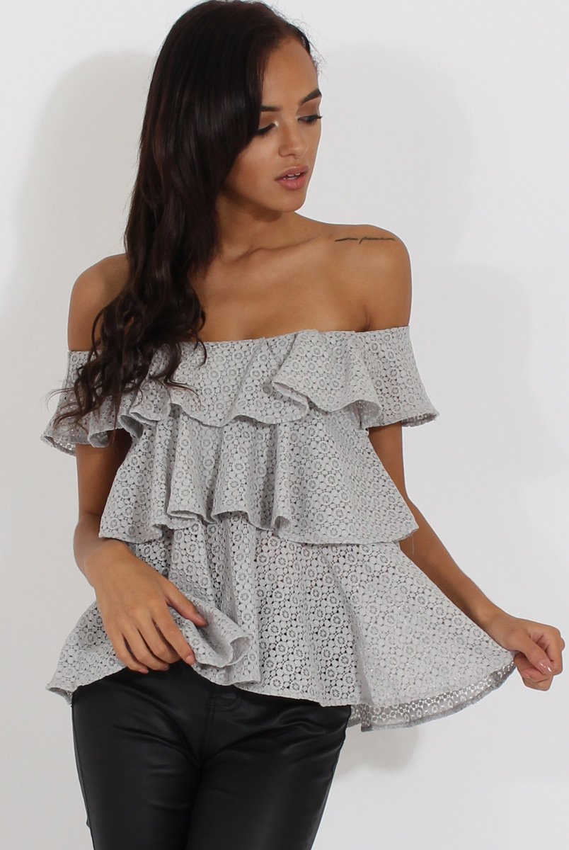 Grey Off the Shoulder Lace Frill Top - Larisa-Tops