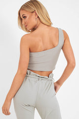Grey One Shouldered Crop Top - Kamri-Crop Tops