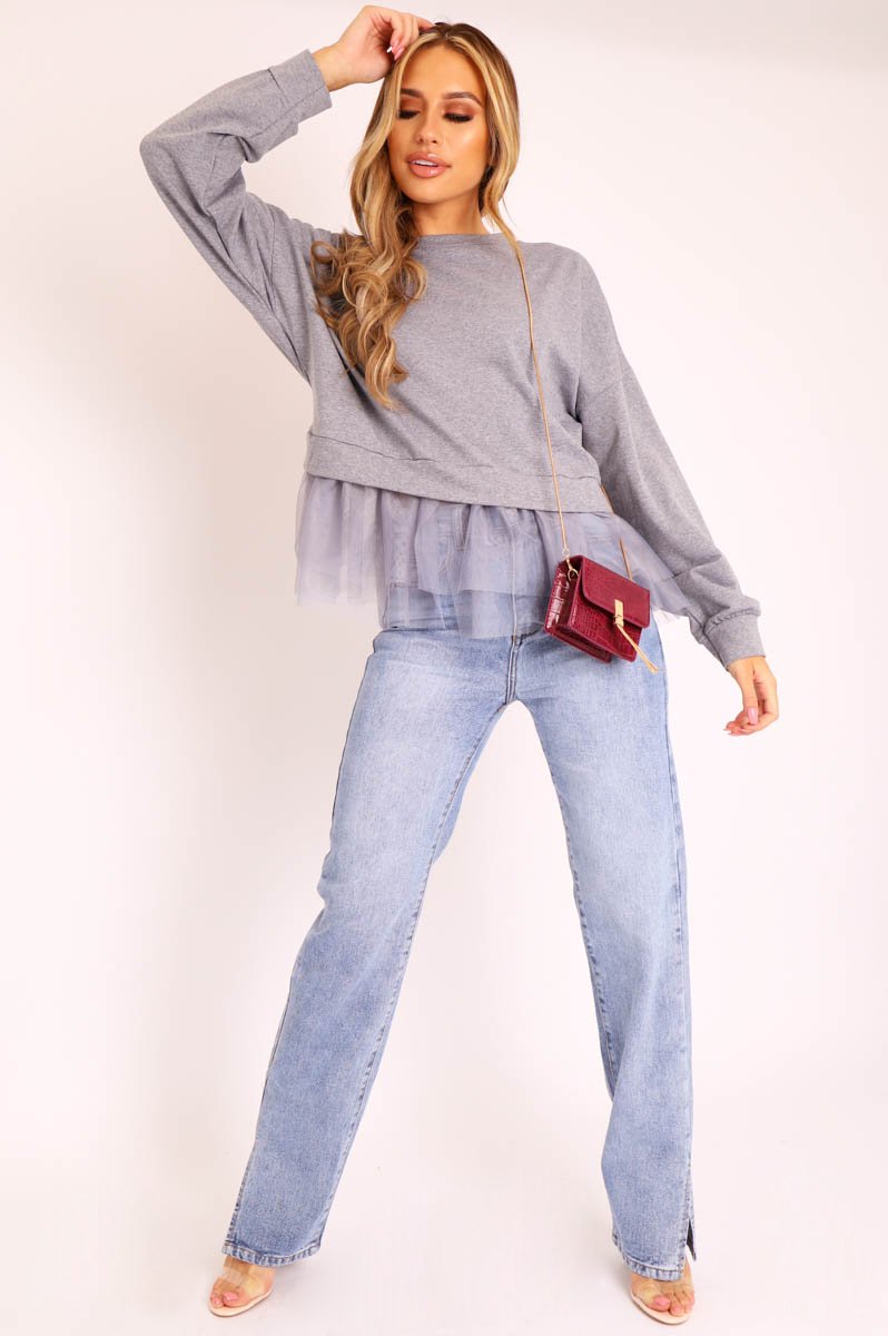 Grey Organza Insert Sweater - Nancy-Sweatshirts