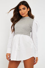 Grey Overlay Detail Puff Sleeve White Shirt Dress - Olah-Shirts
