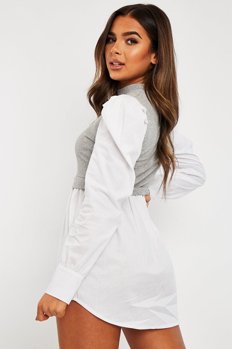 Grey Overlay Detail Puff Sleeve White Shirt Dress - Olah-Shirts