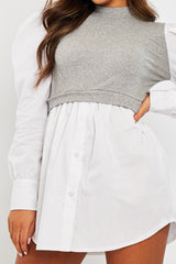Grey Overlay Detail Puff Sleeve White Shirt Dress - Olah-Shirts