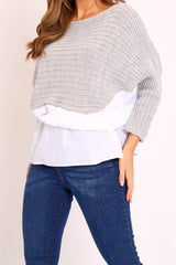 Grey Oversized Knitted Shirt Jumper - Payslie-Jumper