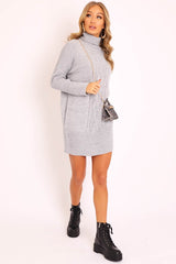 Grey Oversized Knitted Turtle Neck Jumper Dress - Freyah-Dresses