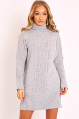 Grey Oversized Knitted Turtle Neck Jumper Dress - Freyah-Dresses