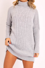 Grey Oversized Knitted Turtle Neck Jumper Dress - Freyah-Dresses