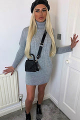 Grey Oversized Knitted Turtle Neck Jumper Dress - Freyah-Dresses