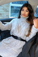 Grey Oversized Knitted Turtle Neck Jumper Dress - Freyah-Dresses