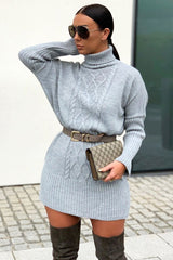 Grey Oversized Knitted Turtle Neck Jumper Dress - Freyah-Dresses
