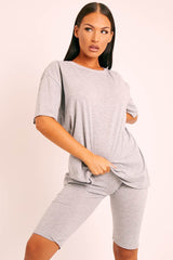 Grey Oversized T-shirt Cycling Shorts Co-ord - Bethanny-Co-ords