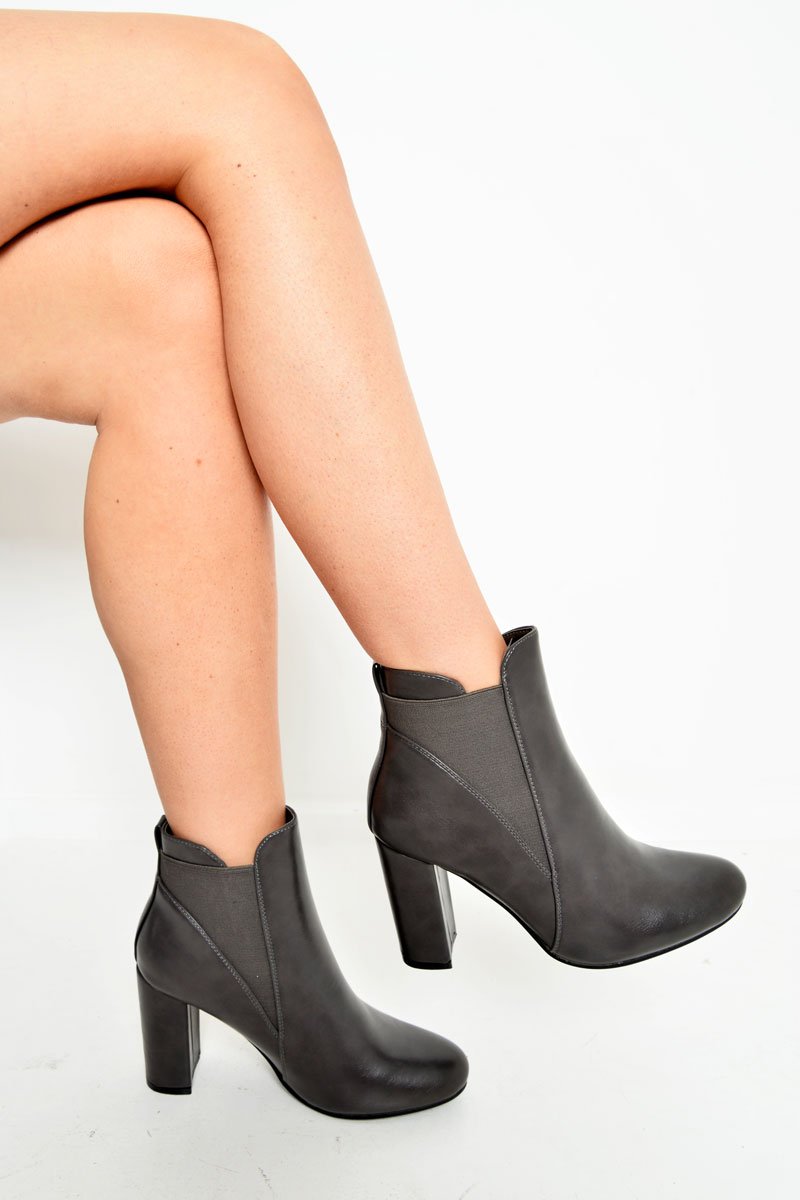 Grey PU Block Heel Ankle Boots - Karlei-Boots