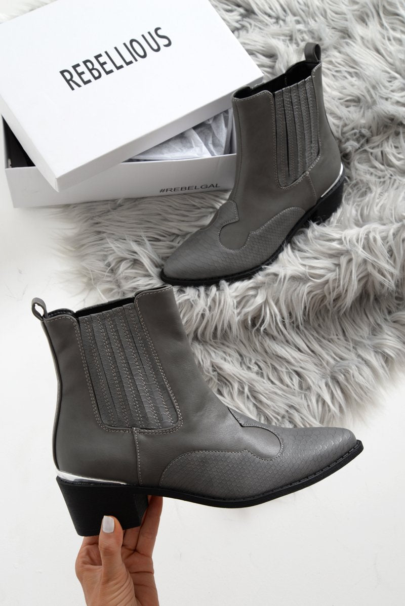 Grey PU Cowboy Ankle Boots - Keko-Boots