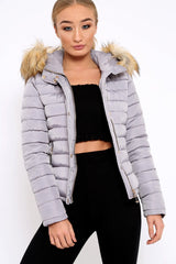 Grey Padded Coat with Fur Trim Hood - Helena-Coats