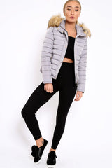 Grey Padded Coat with Fur Trim Hood - Helena-Coats