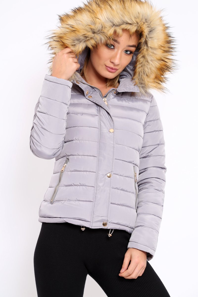 Grey Padded Coat with Fur Trim Hood - Helena-Coats