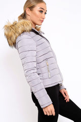 Grey Padded Coat with Fur Trim Hood - Helena-Coats
