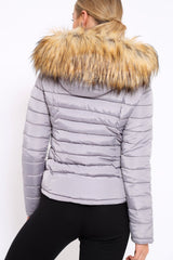 Grey Padded Coat with Fur Trim Hood - Helena-Coats