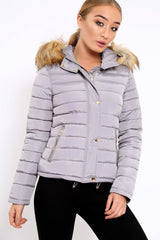 Grey Padded Coat with Fur Trim Hood - Helena-Coats
