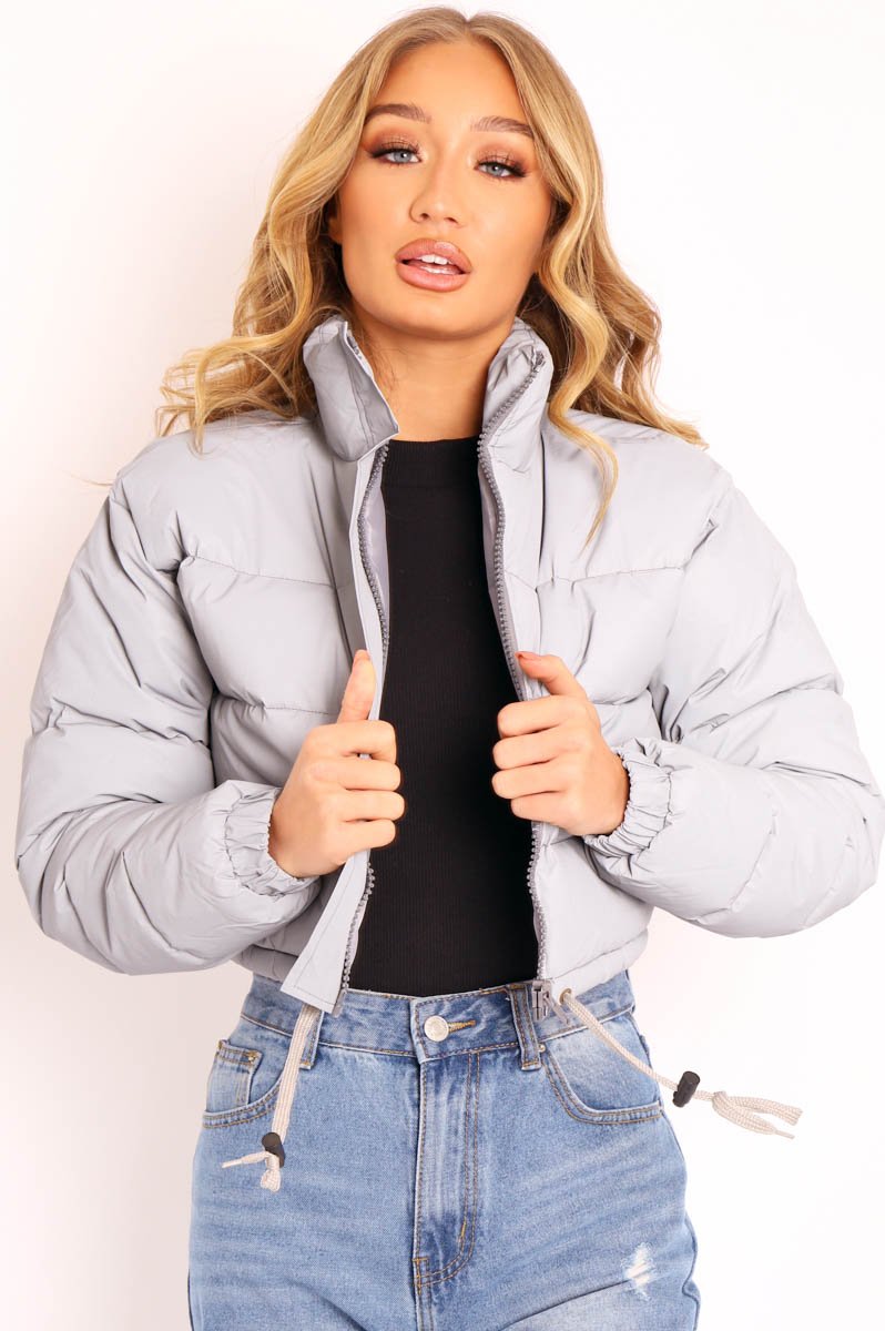 Grey Padded Cropped Puffer Coat - Cameo-Coats