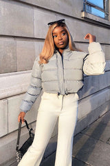 Grey Padded Cropped Puffer Coat - Cameo-Coats