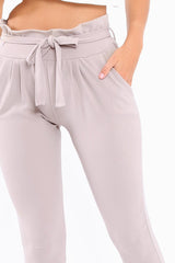 Grey Paper Bag Tie Waist Cigarette Trousers - Karmen-Trousers