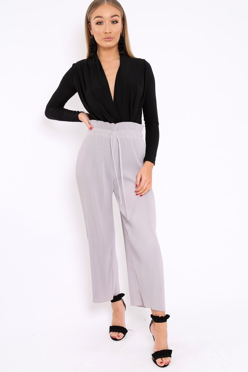 Grey Paper Bag Waist Wide Legged Pleated Trousers - Louise-Trousers
