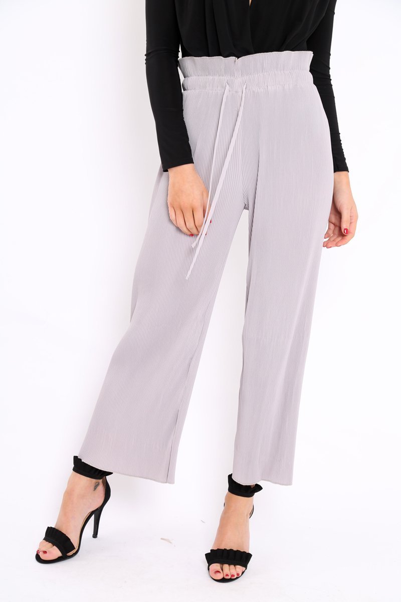Grey Paper Bag Waist Wide Legged Pleated Trousers - Louise-Trousers