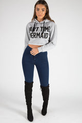 Grey Part Time Mermaid Slogan Cropped Hoodie - Lora-Loungewear