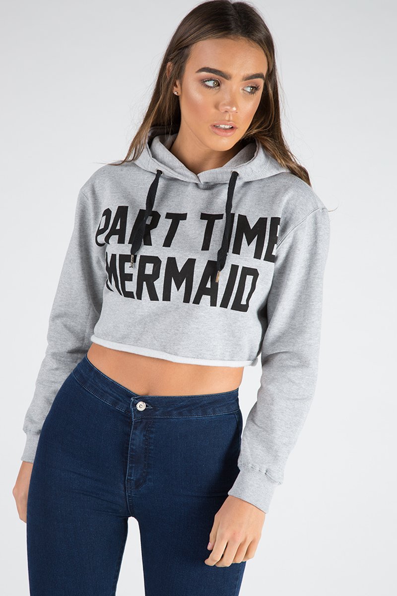 Grey Part Time Mermaid Slogan Cropped Hoodie - Lora-Loungewear