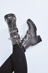 Grey Patent Stud Buckle Detail Biker Boots - Raylea-Boots